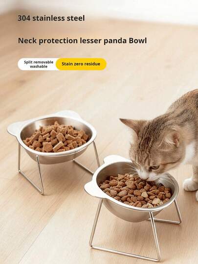一款不锈钢猫耳造型（蒸猫耳形状面包）增高宠物碗，适用于猫狗，易于清洁且不易碎，可保护宠物颈椎，宠物食盆，宠物餐碗