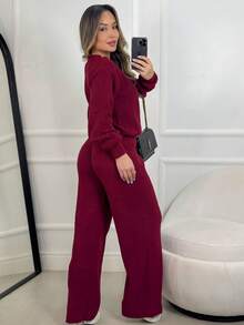 Ribbed Knit Set In Mousse Fabric: Wide-Leg Pants With Adjustable Drawstring + Puff Sleeve Blouse - Winter - Red - View 3