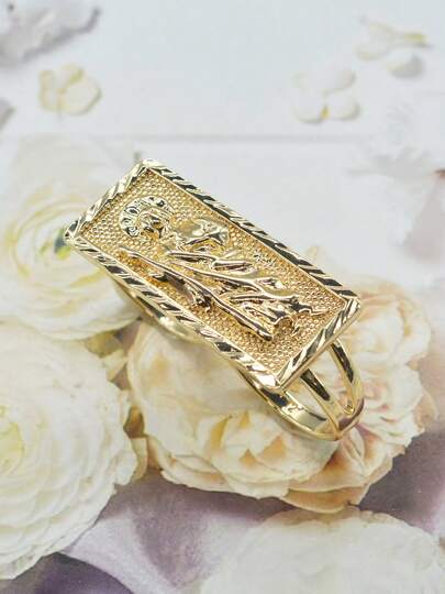 1pc Fashion Hiphop The Last Supper Double Finger Double Ring, Hollow Connected Rings Suitable For Men's Daily Wear, Party, Halloween, Christmas, Easter Gift, Best Gift For Boyfriend