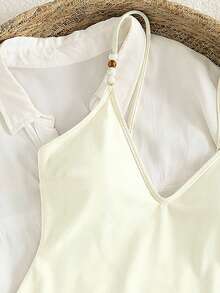 Women's Sexy Solid Color One-Piece Swimsuit, Summer Beach Vacation - Beige - View 8