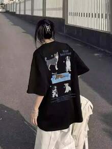 女士宽松圆领短袖T恤，印有小狗字母图案，春夏款 - 黑色 - 查看 3