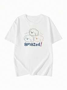 Japanese Style Women's Loose Round Neck Short Sleeve Letter & Cartoon Print T-Shirt, Spring/Summer - White - View 4