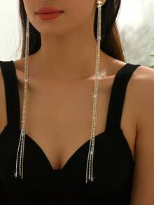 New In 2026 Sparkling Long Crystal Tassel Golden Earrings, Women's Exaggerated Long Chain Drop Earrings, Party & Night Event Theme Earring - Gold Earrings - View 2