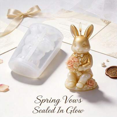 1Pc Detailed Bunny Bouquet Tuxedo Silicone Candle Mold, Elegant Rabbit Groom Figurine 3D Relief Easy Demolding DIY Wax Casting Mold For Easter Wedding Decor
