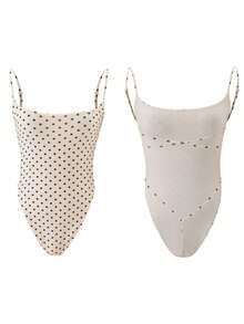 Women's Polka Dot Bodysuit, Y2K Backless Bodycon Romper, Square Neck Thong Bodysuit, Adjustable Shoulder Strap Cami Bodysuit Top, Ultra Thin G-String Bottom, One Piece Camisole Slim Crop Tank Jumpsuit For Summer Streetwear - 米色波點 - 查看 10