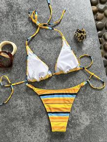 女士比基尼沙滩装条纹印花可爱复古平角短裤健身服沙滩装休闲日常装，适合假日、约会、下午茶、度假、音乐节、外出等场合，2026春夏泳装 - 黃色 - 查看 2