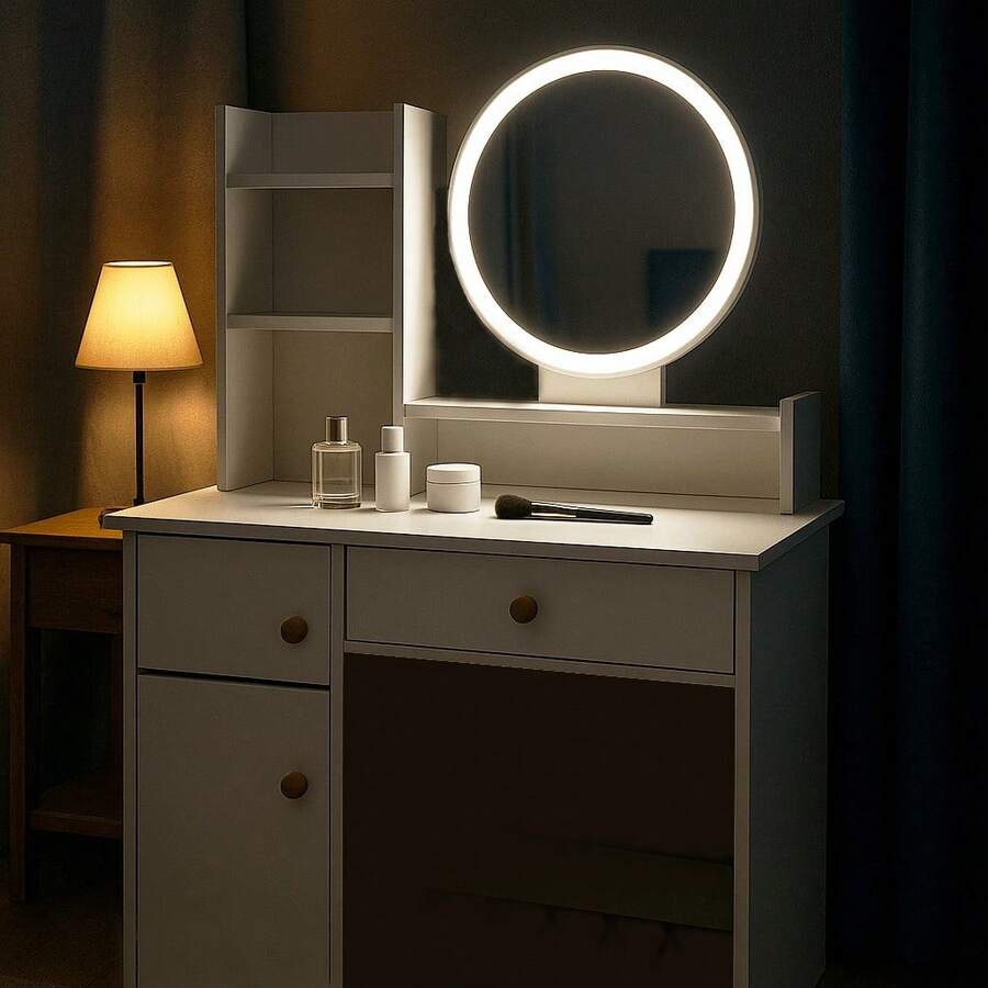 Exquisite Vanity Table With Mirror, Storage Friendly Makeup Table With Multiple Drawers And Hidden Shelves, White Vanity, Suitable For Bedroom And Living Room, Perfect Gift For Christmas. - Dressing Table (without Stool) - View 1