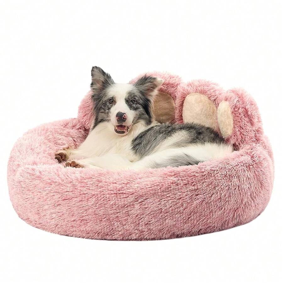 Paw Shape Calming Pet Bed, Medium Pl 11ush Faux Fur Donut Bed For Dogs & Cats, Machine Washable, Non-Slip Bottom, Extra Large Size (32\*32\*10\), Pink - 粉色 - 查看 1