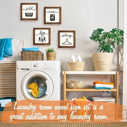 Decoración para la pared de la lavandería Conjunto de 4 letreros de estilo granja Lavar Secar Doblar Guardar Decoración rústica para estantería Arte de pared de lavandería con marco de madera Letrero decorativo para habitación de 8" X 8"