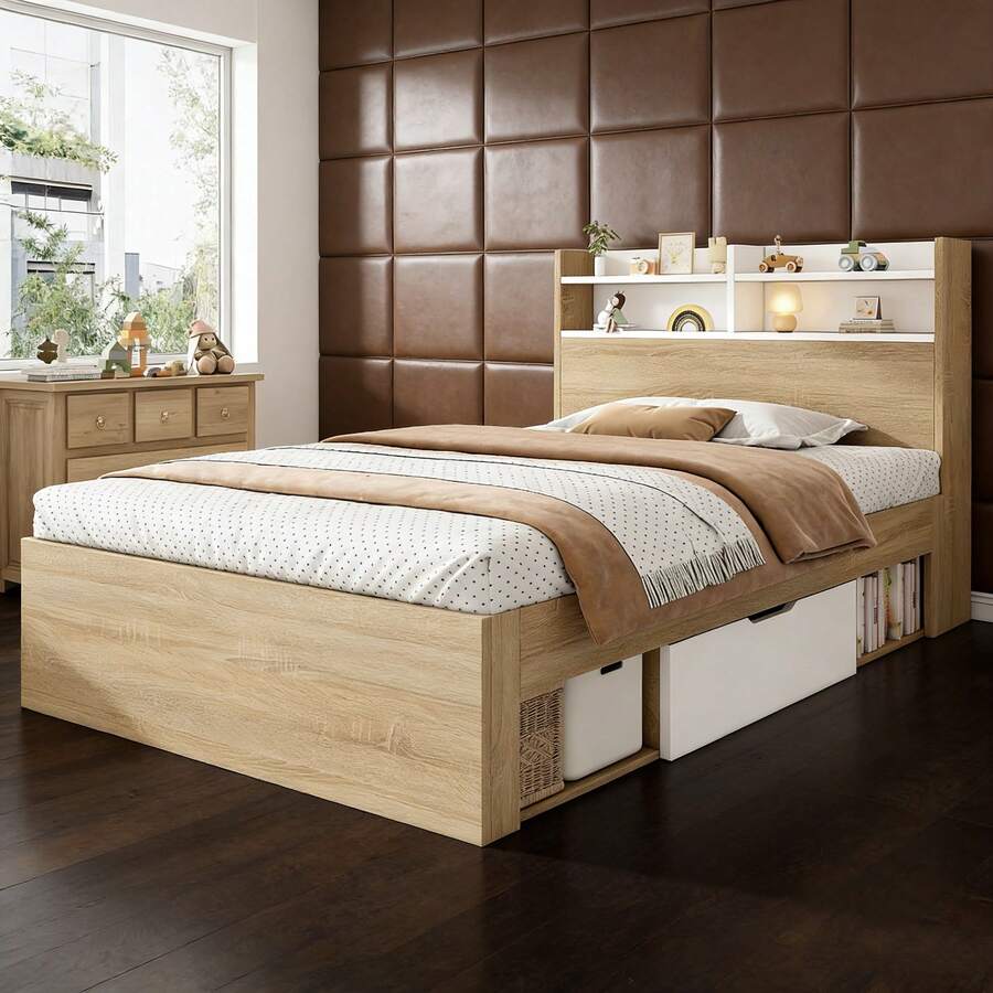 Bed Bases & Foundations - Oak + White + Wood + 90cm*200cm - View 1