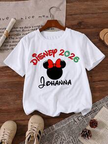 Disney 2026 Personalized Minnie Mouse Head Red Bow Custom Name Printed Pattern T-Shirts For Girls - Children's Clothing Design Short-Sleeved Casual And Cute Style Comfortable And Casual Wear All Year Round Suitable For Parties And Play Machine Washable Gift Children's Clothing Girls' Short-Sleeved Shirts - 白色 - 查看 2