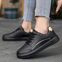 Women's Multi-Color Low-Top Sneakers: Metal-Trimmed Casual Shoes, Comfortable Flat White Shoes - 黑色 - 查看 2