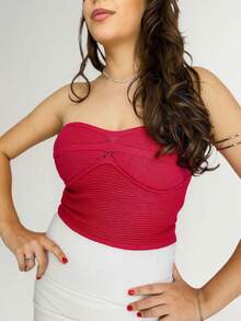 Women's Strapless Cropped Corset Top, Modal Knit, Summer Style With Elastic, Colorful Carnival Style - Rosa Fucsia - Ver 4
