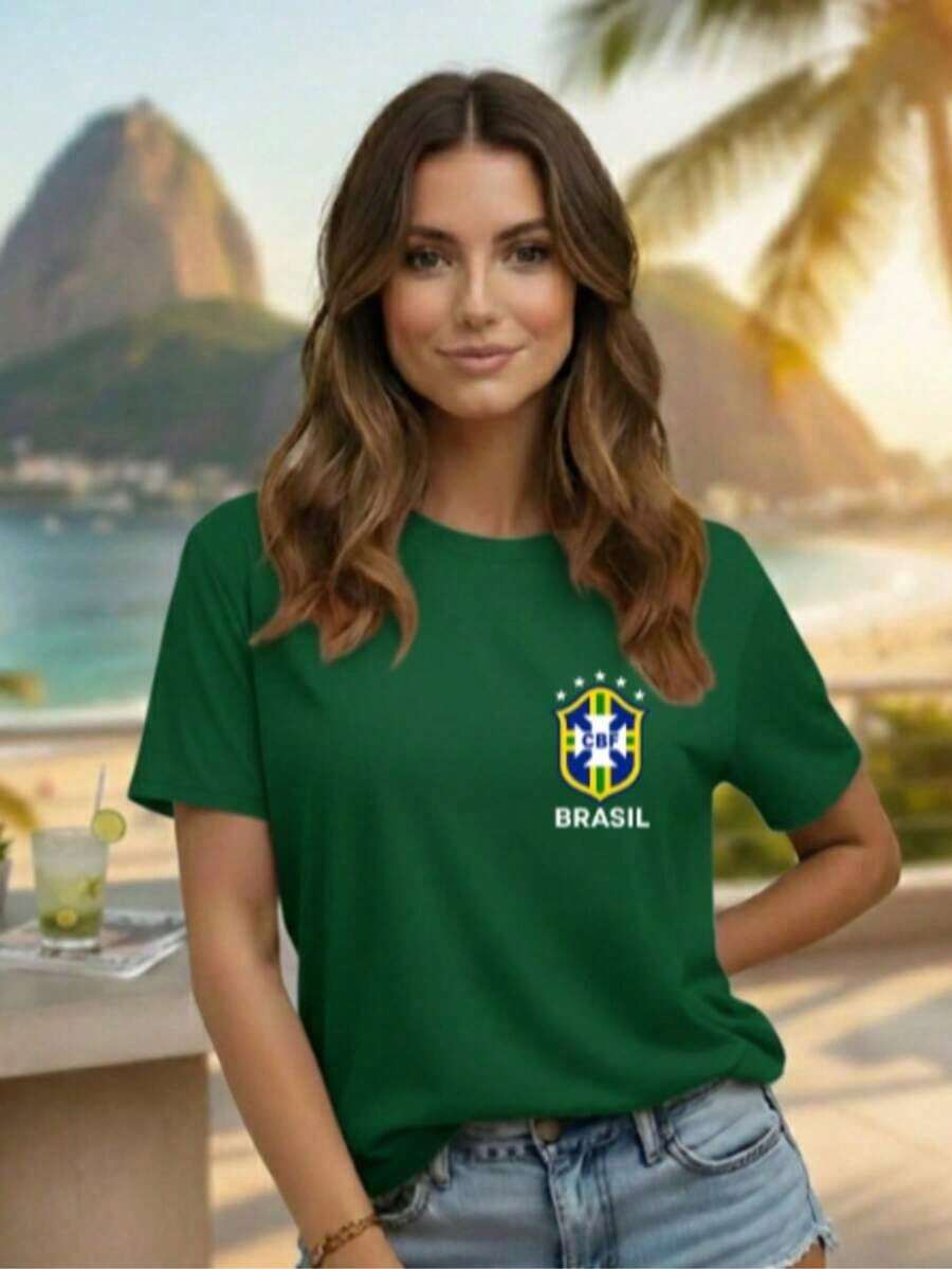 Camiseta Feminina Estampa Brasil Brasão Copa T-Shirt Algodão 100% Básica Casual - Verde - Visão 1