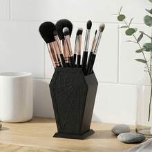 Spider Web Makeup Brush Holder Organizer, Coffin Shaped Gothic Cosmetic Brush Storage Cup, Desktop Pen Pencil Holder, Vanity Decor, Pink/Black - 彩色 - 查看 10