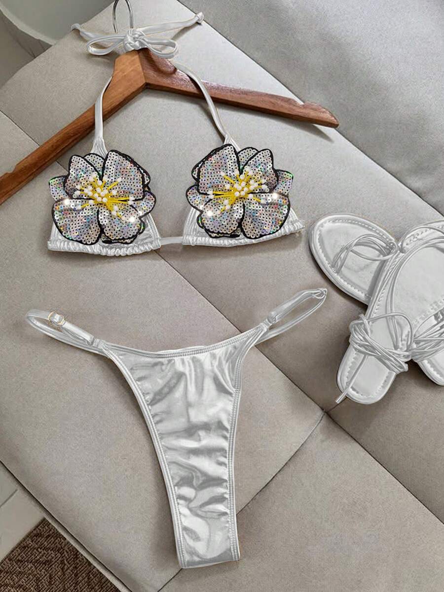 女款夏季純色性感亮面金屬感面料亮片花卉繫帶比基尼套裝，波希米亞風露背海灘度假風 - 銀色 - 查看 1