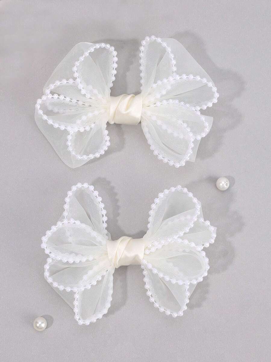 2个/套 女孩白色珍珠蝴蝶结发夹，适合生日派对和日常佩戴，青少年发饰 - 白色 - 查看 1