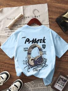 1 buah Kaos Lengan Pendek Kasual Bergambar Headphone untuk Anak Laki-laki Remaja, Atasan Musim Panas untuk Siswa Muda - Baby Blue - View 2