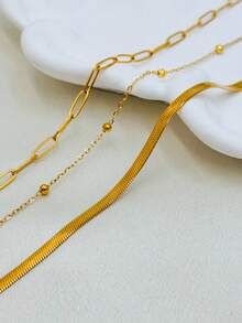 3pcs Necklace Set, Including Flat Snake Chain Necklace, Paper Clip Chain Necklace, And Beaded Necklace. Made Of 304 Stainless Steel With Vacuum Electroplating, And Non-Irritating, Suitable For Women To Wear On Dates, Parties, Weddings, And Daily Occasions - Necklace Set - View 2