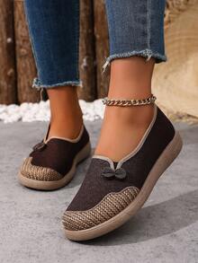 女士几何图案闭趾穆勒鞋，波西米亚风圆头防滑亚麻木底休闲拖鞋 - 咖色 - 查看 5