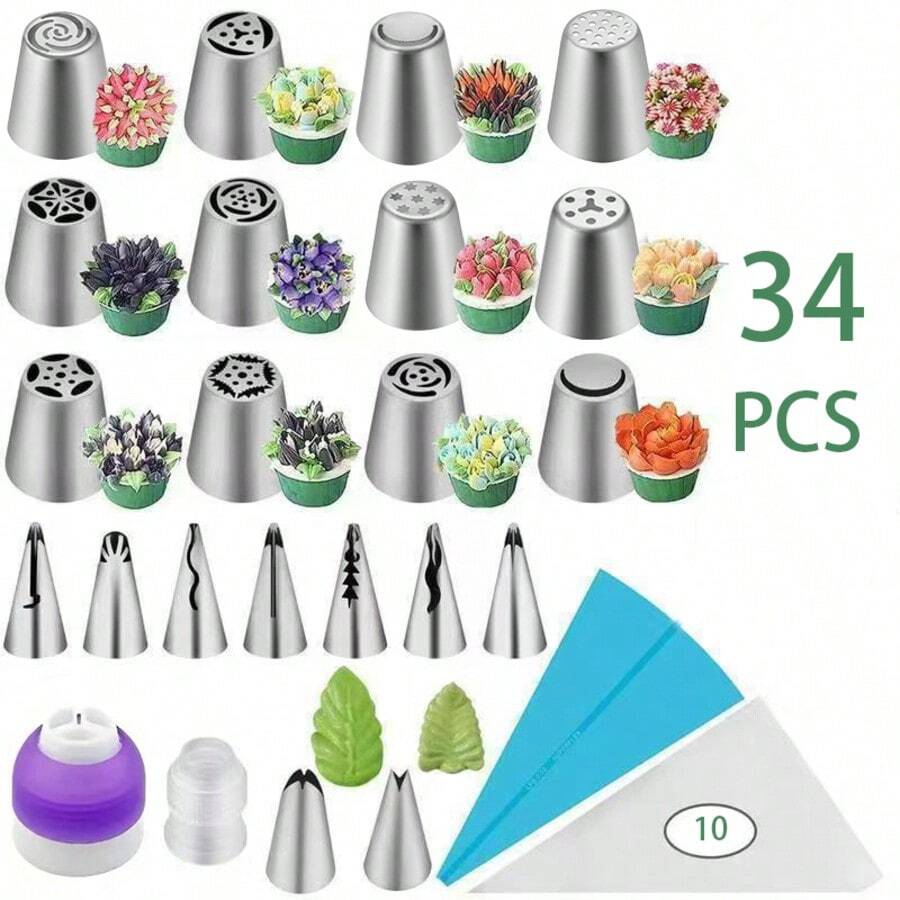 34pcs Russian Piping Nozzle Set, Stainless Steel Cake Decorating Tips - Baking Tools, Stainless Steel Icing Piping Nozzles, Wedding Supplies, Home Decor, Kitchen Gadgets - Multicolor - View 1