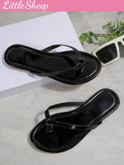 女童亮面人字拖，休闲街头风夏季沙滩凉鞋，平底百搭防滑拖鞋，家居拖鞋，有黄色、黑色、白色、粉色可选