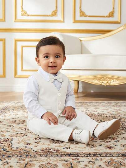 BOARNSEORL Conjunto de 3 piezas de ropa de caballero para bebé niño - Camisa blanca con corbata de moño, chaleco y pantalones, adecuado para fiesta de cumpleaños, boda, festividad, bautizo