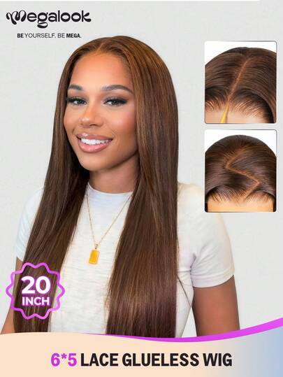 MEGALOOK 20英寸深棕色柔顺直发100%真人发假发，带抽绳 - 预剪裁6x5蕾丝假发，无需胶水，预先拔毛，打造极致自然发际线，透明蕾丝闭合假发，黑色假发，适合女性，即戴即走 - 新手友好，自然逼真，适合日常佩戴，可打造办公室、僵尸新娘、万圣节、派对、Y2K、坏女孩、度假、户外、角色扮演、校园、学校假期、圣诞节、派对、婚礼、节日等各种造型，适合女性