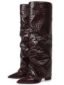 2025 New Knee High Boots For Women With Pointed Thick Heels And Solid Color Patterns Comfortable Fashionable Autumn  Winter Nightclub Party Motorcycle Combat Boots - Họa tiết đá đỏ - Xem 8