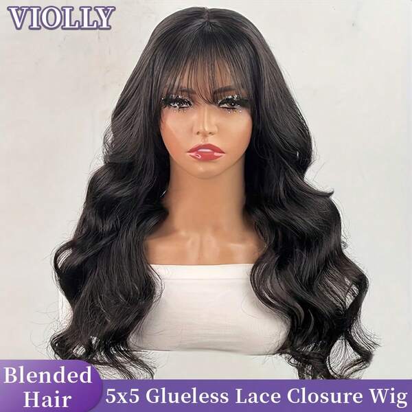 VIOLLY [Fringe Wig]Glueless Elegant 26Inch Free Part Black Natural Color Body Wave Wigs With Bangs For Women - 200% High Density Brazilian Virgin Hair Wig Wear And Go 5x5 Pre Cut Lace Closure Wig Beginner Friendly Human Blended Heat Resistant Fiber Synthetic Hair Wig All Day Comfort Gift Ideas For Women