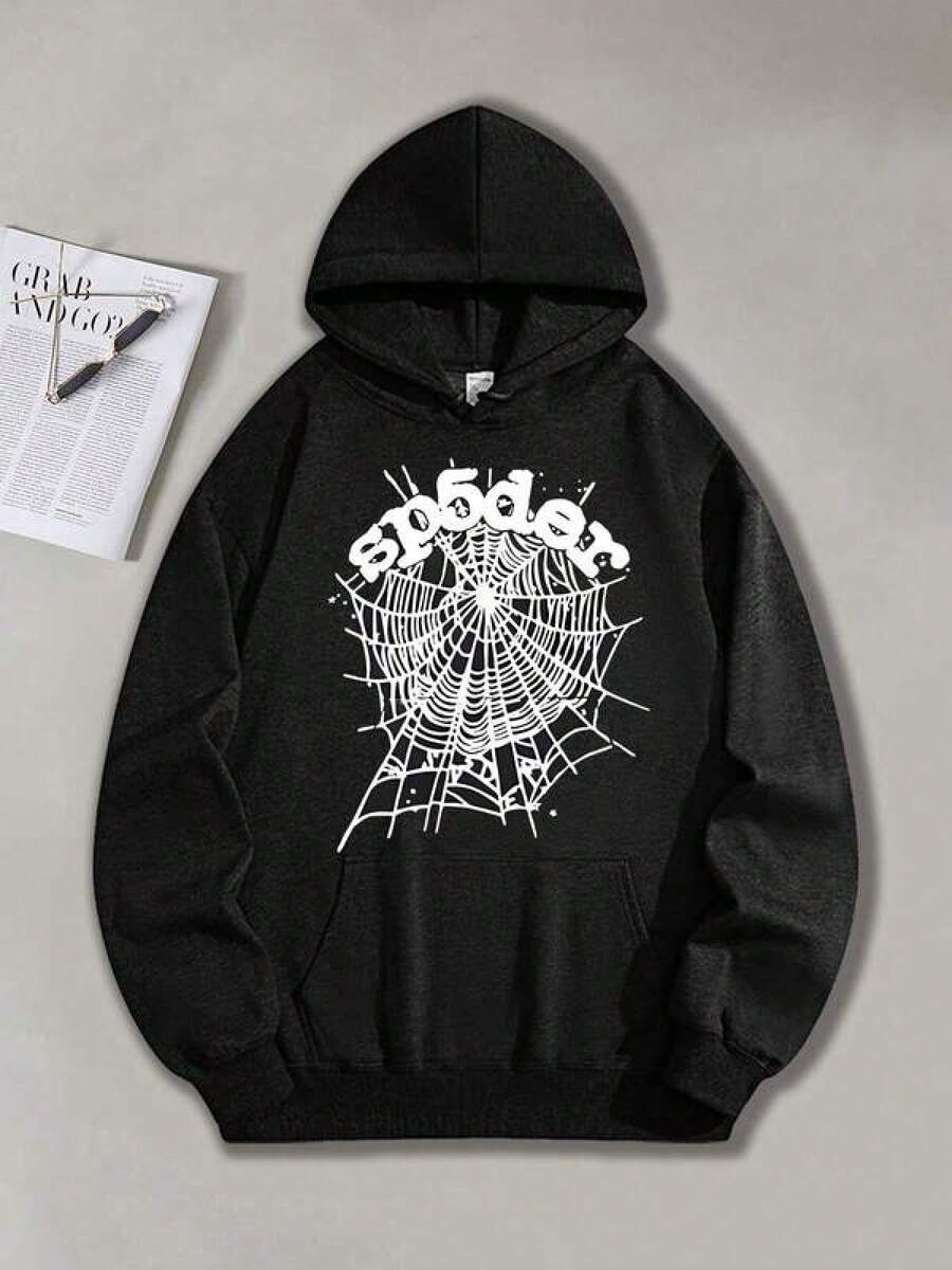 GLEC , Combining Retro And Street Style, This Classic Retro Y2K Spider Web Popular Letter Pattern 270g Fleece Sport Hoodie. This Is A Men's Autumn And Winter High-Quality Retro Fashion Brand Loose, Soft And Comfortable Black Long Sleeved Sports Hoodie, Suitable For Outdoor Wear In Autumn And Winter, With A Certain Thickness, Suitable For Daily Wear And Giving To Friends, Outdoor Activities, Back To School Gifts, Christmas Gifts. - Black - View 1