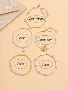 5pcs/Set Beach Vacation Style Faux Pearl Beaded Gold Tone Anklet With Starfish & Fish Tail Pendants, Fashionable Versatile Jewelry For Daily Wear, Dates, Beach Trips - Multicolor - View 4