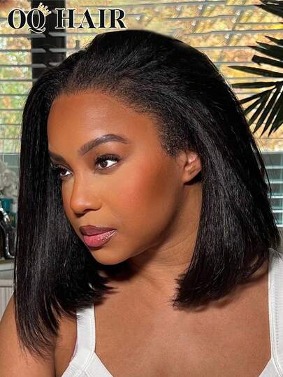 OQ 200% 密度，8-16 英寸沙龙级蓬松直发波波头假发，无需胶水，预剪裁，13x4 高清蕾丝前假发，自然色，预拔发际线，新手友好，无需胶水，100% 真人发假发，持久透气帽，轻盈舒适，适合日常佩戴。