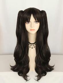 Vibrant Sweet Girl Double Ponytail Long Curly Wig, Natural Fluffy Dark Brown, Age-Reducing Wig For Daily Streetwear & Campus Looks - Black - View 4