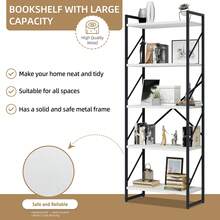 Vongrasig 5 Tier Bookshelf, Free Standing Bookcase Organizer Farmhouse Kitchen Ladder Shelves Rustic Wood Open Shelves Metal Frame, Vintage Storage Display Rack For Living Room, Bedroom Home Office - Trắng + Đen - Xem 4