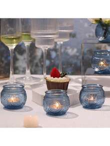 6pcs Blue Glass Candle Holders Set, Vintage Glass Candle Holders, Dining Table Centerpiece Decor Tea Light Candle Holders, Wedding & Party Decoration Glass Candle Holder Set, Suitable For Party Decor, Tea Lights & Wedding Gifts - Jar Candlestick - View 9