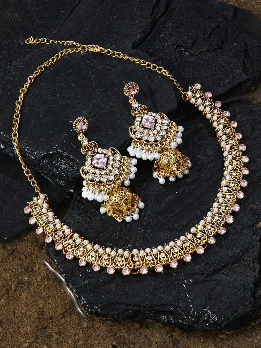 Opalesca 3 cái/bộ Châu Âu và Châu Mỹ Quá quắt Vintage Bohemian Cung điện Kỳ lạ Ngọc trai giả Đính cườm Bộ trang sức Bao gồm Hoa tai , Khóa Xương quai xanh Dây chuyền Và Tua Chuông Hình dạng Vật rủ xuống - Hồng - Xem 1