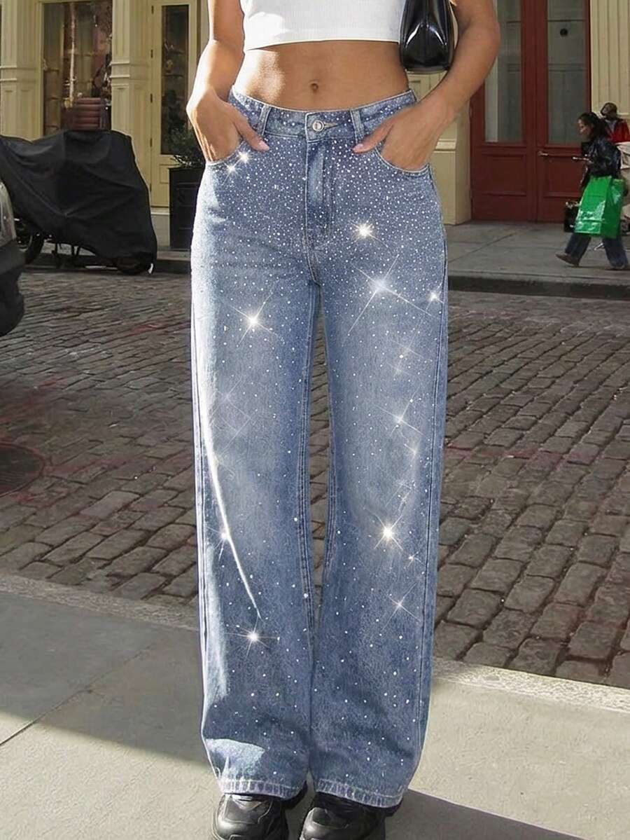 Y2K Style High Waist Wide Leg Rhinestone Embellished Distressed Vintage Wash Jeans For Women - Light Wash - View 1