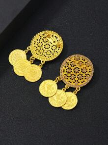 1 Set Of 2 Gold Rhinestone Coin Tassel Pendant, Women's Rhinestone Arabic Style Headscarf Brooch Accessory - Gold - View 2