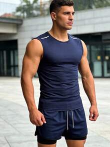 2pcs/Set Men Sports Casual 2 In 1 Sweatpants, Sleeveless T-Shirt Top, Running, Fitness, Training Suit Pants, Outdoor Training Vest Sleeveless Top - 藏蓝色 - 查看 4
