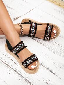 Women's Fashion Sandals, New Spring/Summer Woven Strap Elastic Bohemian Style Black Flat Shoes - Camel - View 3