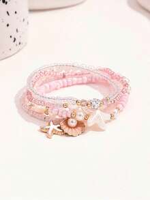 5pcs/Set Cute Girl's Beaded Woven Bracelet, Versatile For Summer, Beach, Vacation, Casual Wear, Shell & Starfish Pattern, Great Gift - Pink - View 3