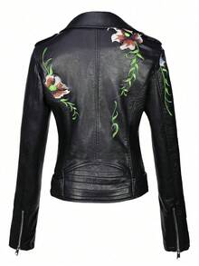 Chaqueta de cuero sintético bordada para mujer, ideal para uso diario en primavera/otoño, con cinturón. Chaqueta de monta de PU versátil y minimalista para la primavera. - Negro - Ver 3