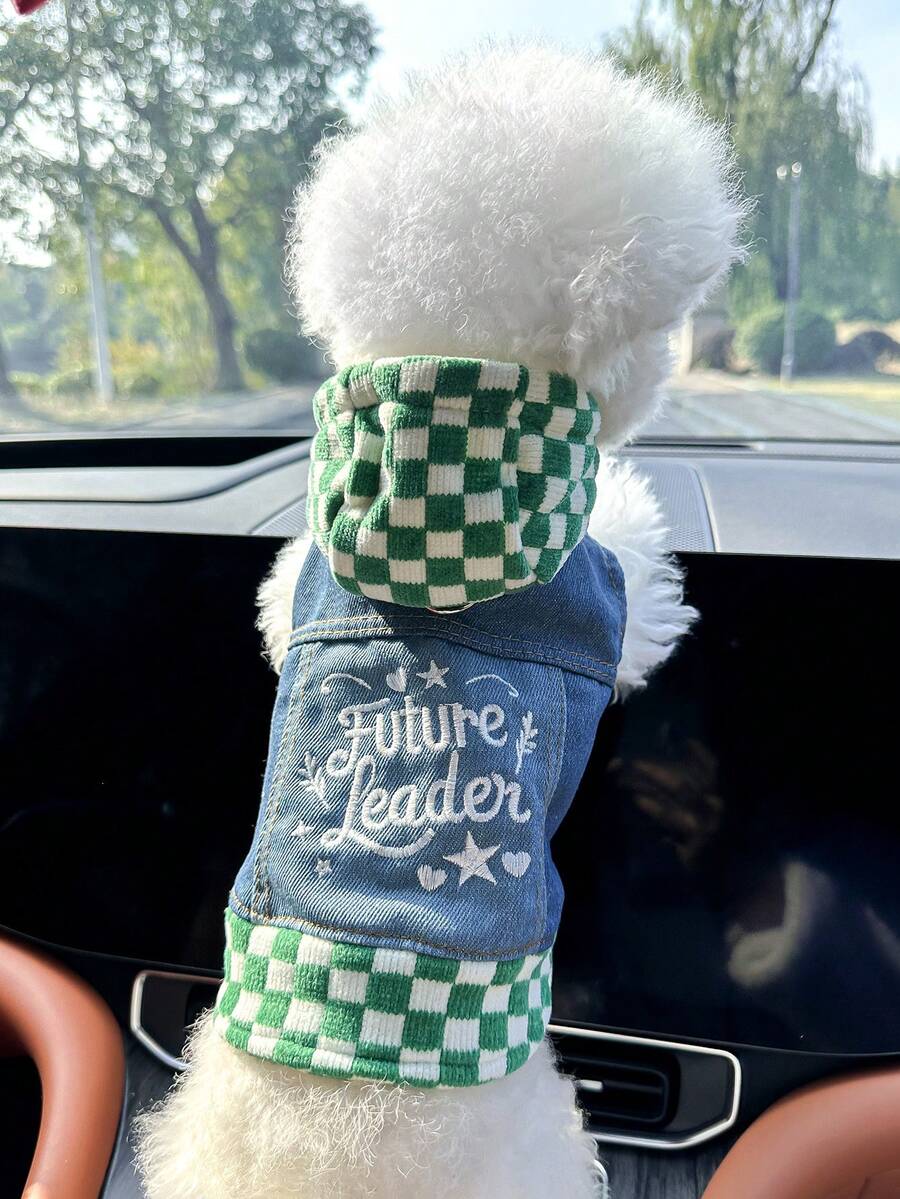 PETCIRCLE 1pc Pet Clothes, European & American Style, Suitable For Small Dogs & Puppies, Plaid Star Pattern Cute & Comfortable Outdoor Jacket - Green & White - Multicolor - View 1