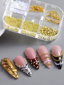 Punk Style Nail Chain Pendant, Metal Chain And Beads, Pearl And Golden Bead Nail Decor, Handmade Chain Decoration, Suitable For 3D Nails Y2K Style - Multicolor - View 8