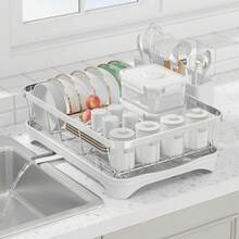 304 Stainless Steel Dish Drying Rack With Drain Board, Automatic Draining And Drying Rack For Kitchen Countertops, Large Capacity Dish Drainer, Suitable For Bowls, Cups, And Dishes. - White - View 1