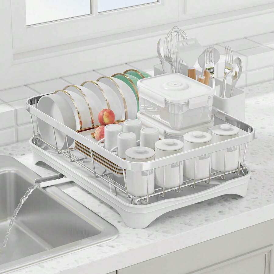 304 Stainless Steel Dish Drying Rack With Drain Board, Automatic Draining And Drying Rack For Kitchen Countertops, Large Capacity Dish Drainer, Suitable For Bowls, Cups, And Dishes. - White - View 1