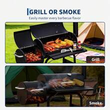 Charcoal Grills With Offset Smoker, Outdoor BBQ Grill With Handle And Wheels, Barrel Barbecure Smoker Grill Combo For Camping Picnic Patio Backyard Party - Black - View 6