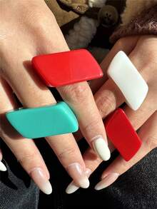 4pcs Colorful Geometric Asymmetrical Wide Resin Rings, Vintage Extra Large Ring Set, Suitable For Daily Wear, Vacation, Gift For Friends - Multicolor - View 5