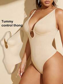 1pc Women Seamless Waist Cincher, Lace Trim Bodysuit, Shapewear By MOVWIN - Apricot - View 2